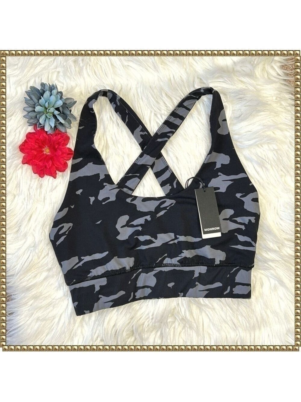Monrow Black Gray Camo Racerback Sports Bra Medium NWT